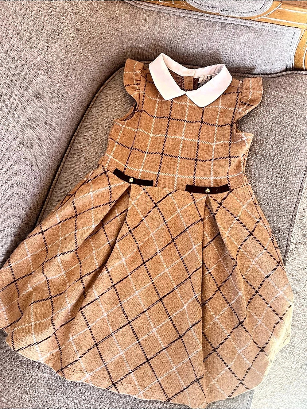 Kids Plaid Collared Dress in Brown & White